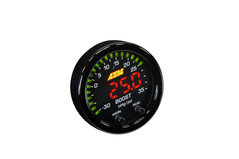AEM Electronics X-Series Boost Pressure Gauge -30inHg-35psi / -1-2.5bar. Black Bezel & 30-0306 Photo - out of package