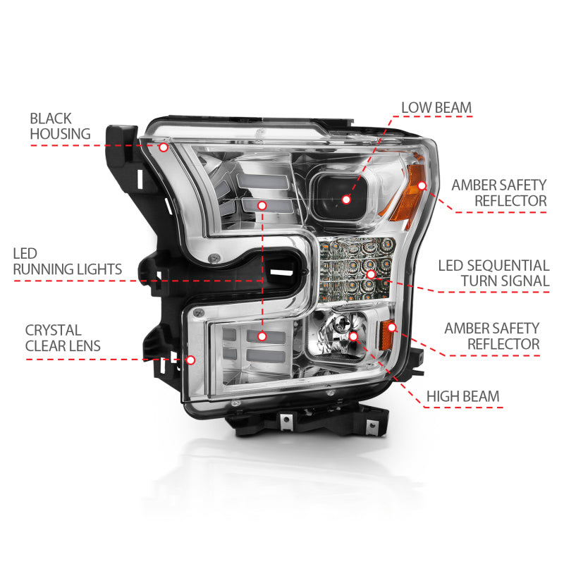 ANZO 15-17 Ford F-150 Proj Headlights w/ Plank Style Design Chrome w/ Amber Sequential Turn Signal 111409 111409 Photo - Unmounted