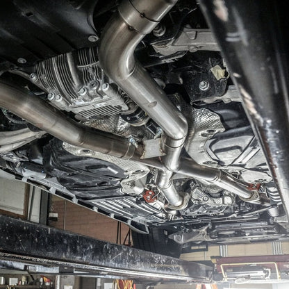 Stainless Works 2018 Jeep TrackHawk 6.2L 3in Catback System X-Pipe Turbo S-Tube Muffler Stock Exit JEEP1862CB-S JEEP1862CB-S Photo - Mounted