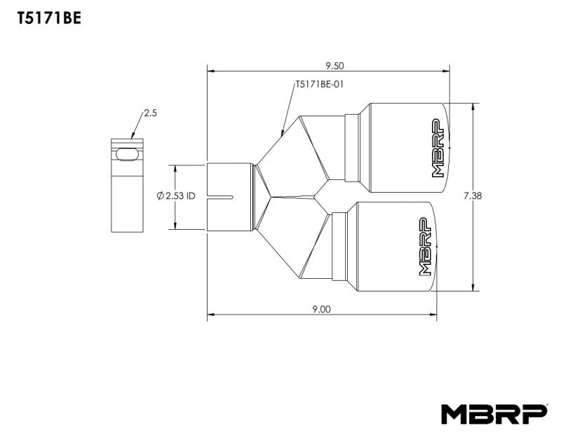 MBRP Burnt End Tip 2.5 ID, Dual 3.5 OD Out, 9.5 length, Single wall 304 Stainless Steel T5171BE T5171BE Line Art