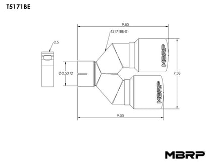 MBRP Burnt End Tip 2.5 ID, Dual 3.5 OD Out, 9.5 length, Single wall 304 Stainless Steel T5171BE T5171BE Line Art
