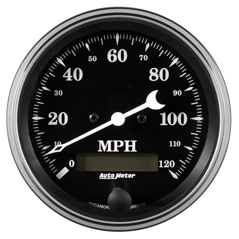 Auto Meter Gauge Speedo. 3 3/8in 120mph Elec. Prog. w/ LCD Odo Old Tyme Black 1780 1780 Photo - Primary