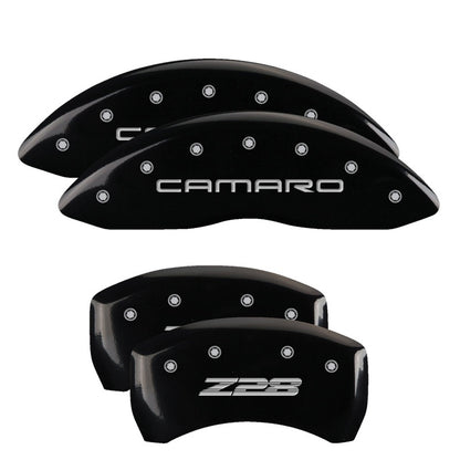 MGP 4 Caliper Covers Engraved Front Gen 4/Camaro Engraved Rear Gen 4/Z28 Black finish silver ch 14027SZ84BK 14027SZ84BK Photo - Primary