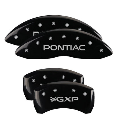 MGP 4 Caliper Covers Engraved Front Pontiac Engraved Rear GXP Black finish silver ch 18011SPXPBK 18011SPXPBK Photo - Primary