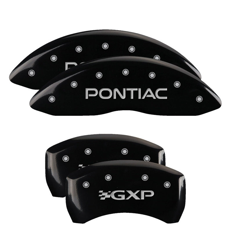 MGP 4 Caliper Covers Engraved Front Pontiac Engraved Rear GXP Black finish silver ch 18011SPXPBK 18011SPXPBK Photo - Primary