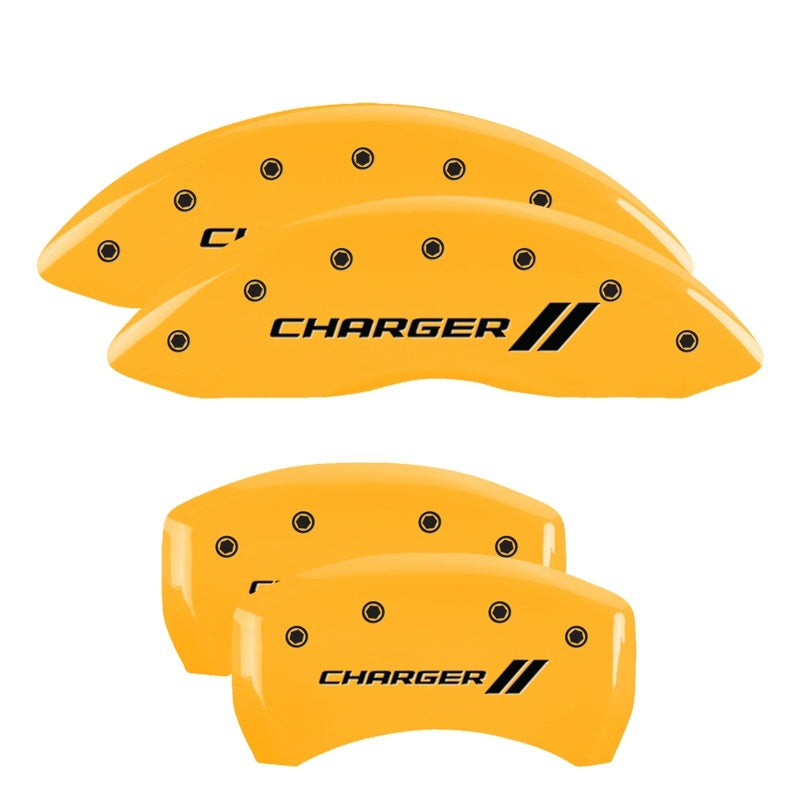 MGP 4 Caliper Covers Engraved Front & Rear With stripes/Charger Yellow finish black ch 12162SCH1YL 12162SCH1YL Photo - Primary