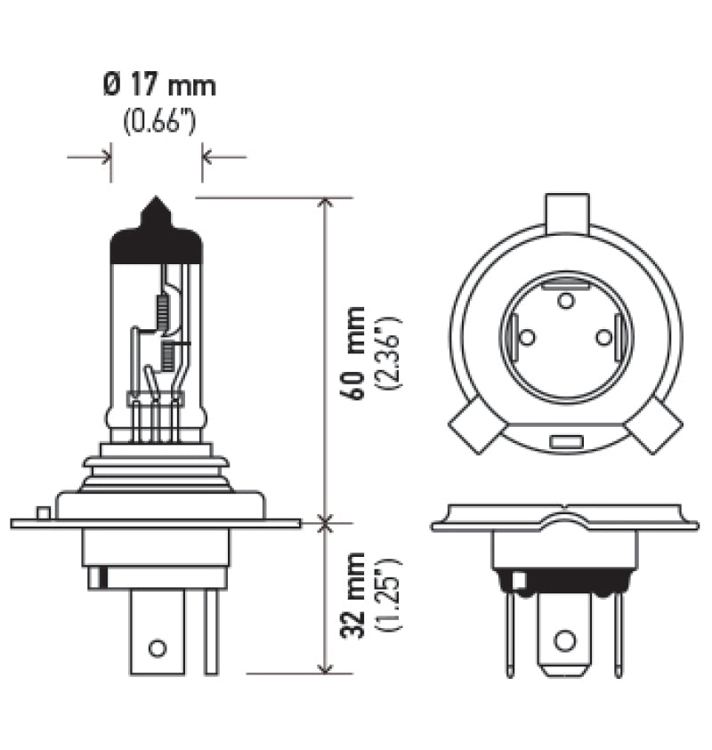 Hella Halogen H4 24V 100/90W P43t T4.625 Bulb H4 24V 100/90W H4 24V 100/90W Technical Drawing