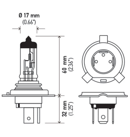 Hella Halogen H4 24V 100/90W P43t T4.625 Bulb H4 24V 100/90W H4 24V 100/90W Technical Drawing