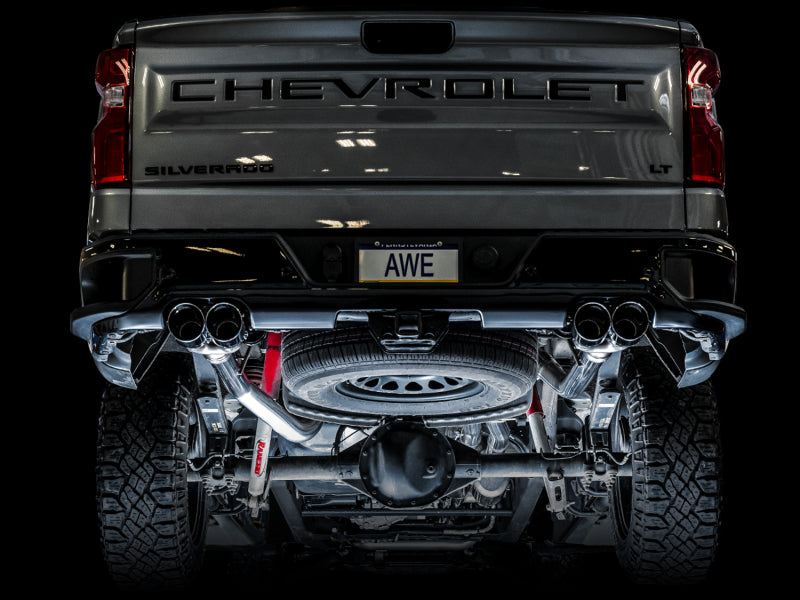 AWE Tuning 4th Gen GM 1500 6.2L 0FG Catback Split Rear Exit (w/ Bumper Cutouts) - Quad Chrome Tips 3015-42203 3015-42203 Photo - Mounted
