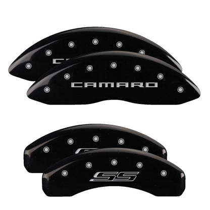 MGP 4 Caliper Covers Engraved Front Gen 5/Camaro Engraved Rear Gen 5/SS Black finish silver ch 14036SCS5BK 14036SCS5BK Photo - Primary
