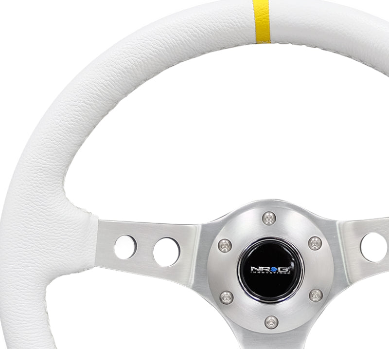 NRG Reinforced Steering Wheel (350mm / 3in. Deep) Wht Leather w/Silver Spoke & Single Yellow Mark RST-006WT-Y RST-006WT-Y Photo - Primary