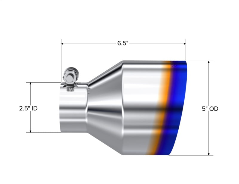 MBRP Univ. T304 Stainless Steel Burnt End Tip 2.5in ID / 5in OD / 6.5in Length Angle Cut Single Wall T5190BE T5190BE Photo - Unmounted
