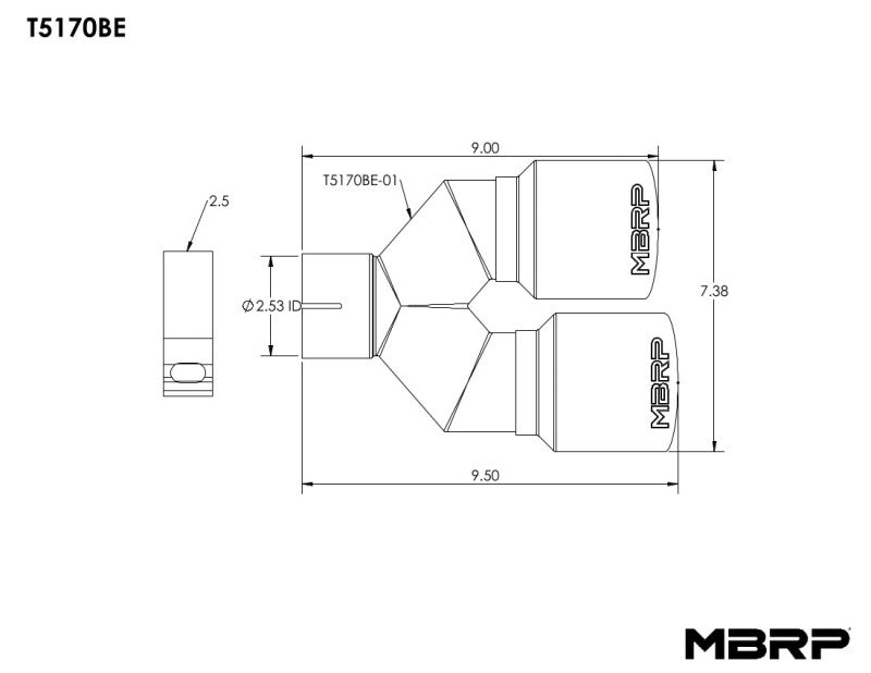 MBRP Universal T304 SS Dual Burnt End Tip 3.5in OD/2.5in Inlet T5170BE T5170BE Line Art