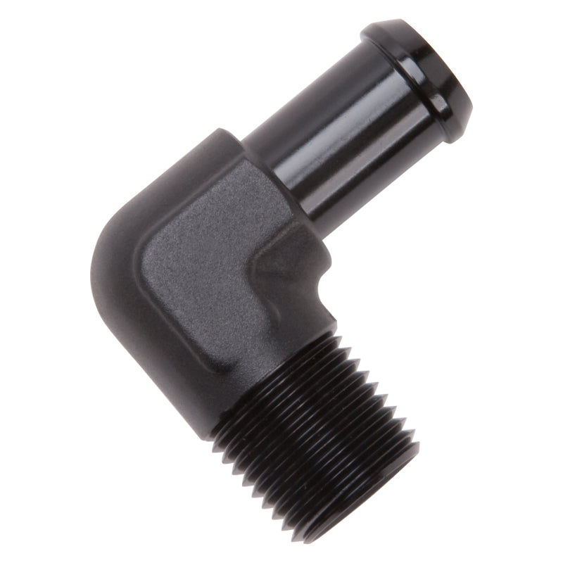 Edelbrock Hose End, 90-Degrees, 1/2" NPT to 5/8" Barb, Black Anodize 8178 Photo - out of package