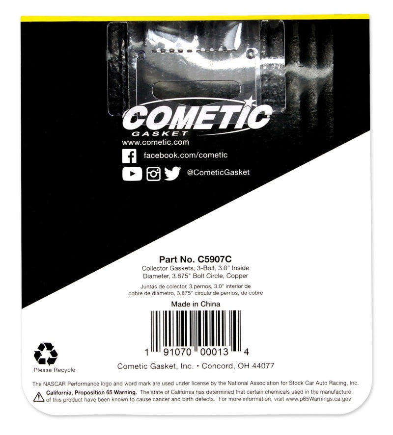Cometic 3.0in Copper Header Collector - .043in DIA Port/3.875 Bolt Circle C5907C C5907C Photo - Unmounted
