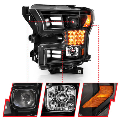 ANZO 15-17 Ford F-150 Project Headlights w/ Plank Style Design Black w/ Amber Sequential Turn Signal 111408 111408 Photo - Close Up