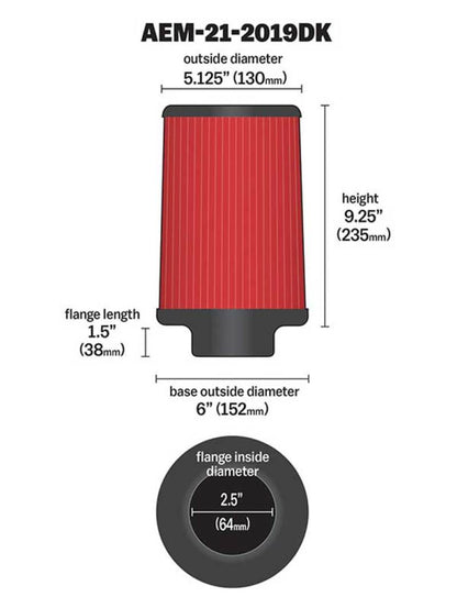 AEM Induction AEM DryFlow Air Filter AIR FILTER KIT 2.5in X 9in DRYFLOW 21-2019DK 21-2019DK Technical Drawing