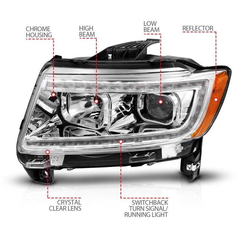 ANZO 11-13 Jeep Grand Cherokee (Factory Halogen Only) Projector Headlights w/Light Bar Swchbk Chrome 111569 111569 Photo - Unmounted