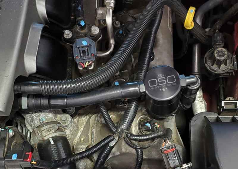 J&L 05-10 Ford Mustang GT Driver Side Oil Separator 3.0 V2 - Black Anodized 3051D-B 3051D-B Photo - Mounted