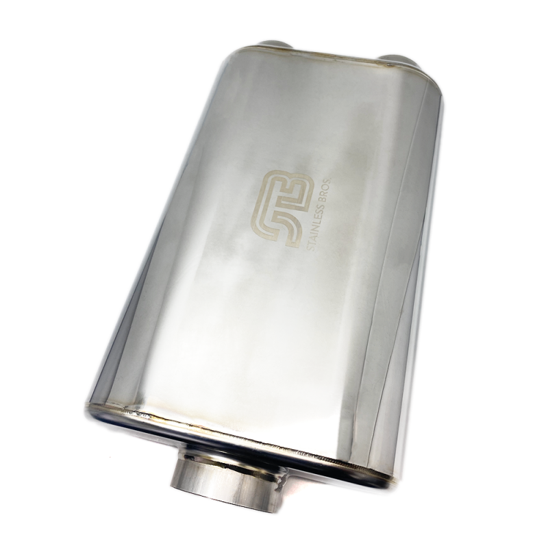 Stainless Bros 17in OAL 3in Oval SS304 Polished Finish Muffler - 3in Center In/2.5in Dual Out 616-07623-2120