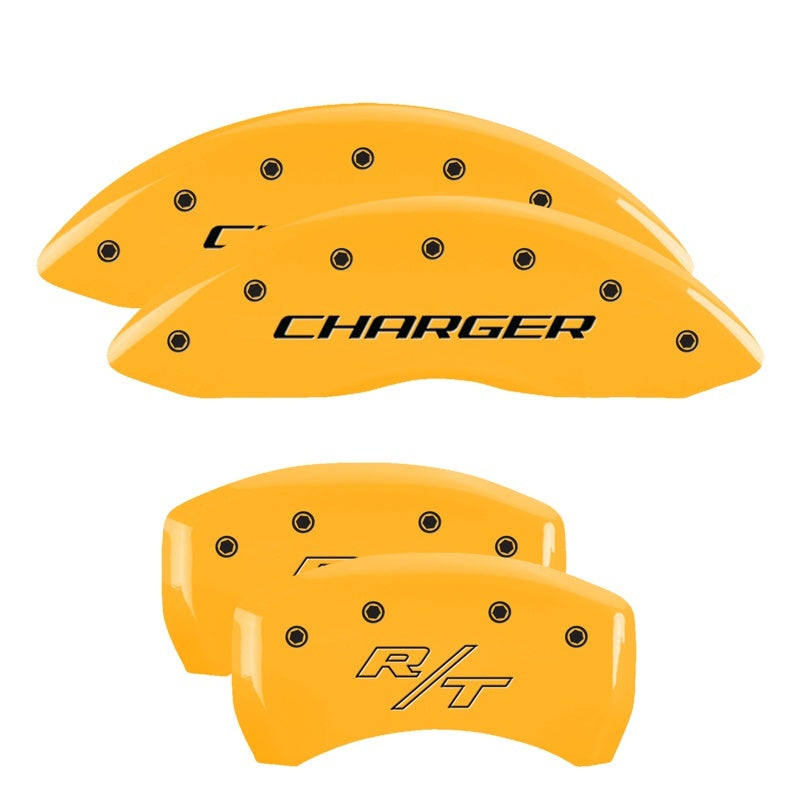 MGP 4 Caliper Covers Engraved Front Charger Engraved Rear RT Yellow finish black ch 12181SCHRYL 12181SCHRYL Photo - Primary