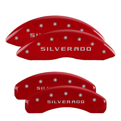 MGP Caliper Covers (set of 4)- Engraved Front & Rear Silverado Red finish 14005SSILRD Photo - Primary