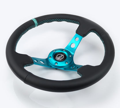 NRG Reinforce Steering Wheel (350mm / 3in. Deep) Blk Leather, Teal Center Mark w/ Teal Stitching RST-006TL RST-006TL Photo - Primary