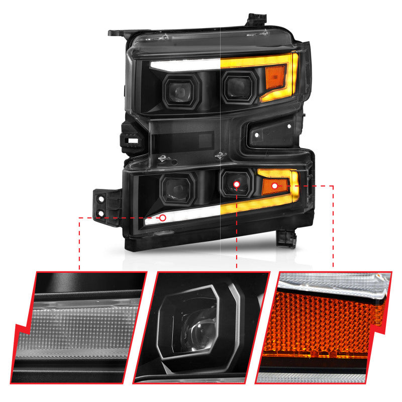 ANZO 19-22 Chevrolet Silverado 1500 LED Proj HL w/Lgt Bar SwBk Seq. Blk w/In. Light - Driver Side ON 111566-L 111566-L User 2