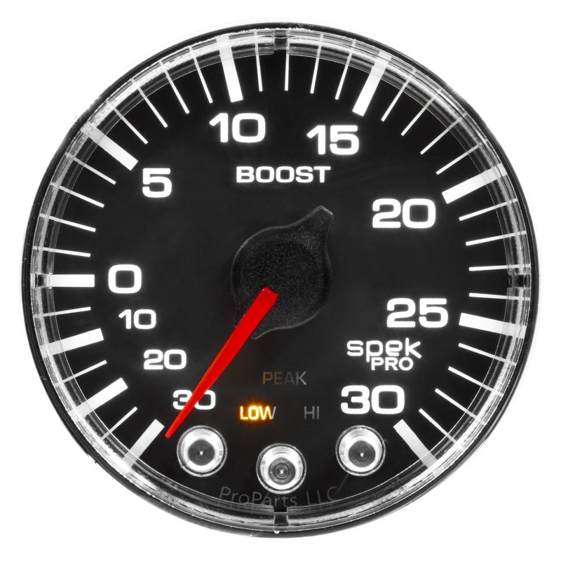 Autometer Spek-Pro Gauge Vac/Boost 2 1/16in 30Inhg-30psi Stepper Motor W/Peak & Warn Black/Chrome P302318 P302318 User 1