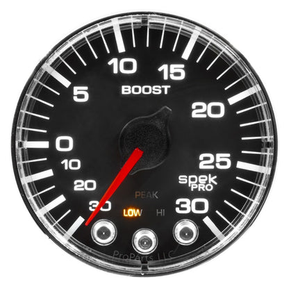 Autometer Spek-Pro Gauge Vac/Boost 2 1/16in 30Inhg-30psi Stepper Motor W/Peak & Warn Black/Chrome P302318 P302318 User 1