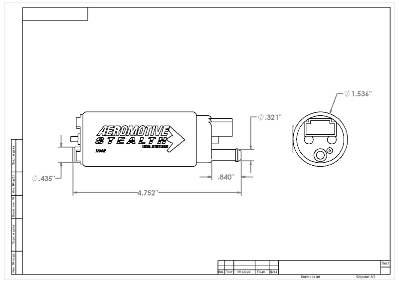 Aeromotive 340 Fuel Pump Offset Inlet 11542 Technical Drawing