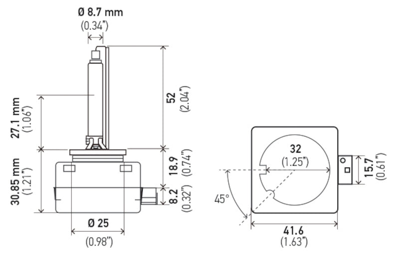Hella Xenon D1S Bulb PK32d-2 85V 35W 5000k D1S 5000 K D1S 5000 K Technical Drawing
