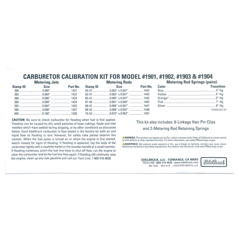 Edelbrock AVS2 Series Carburetor Calibration Kit 1940 Photo - out of package