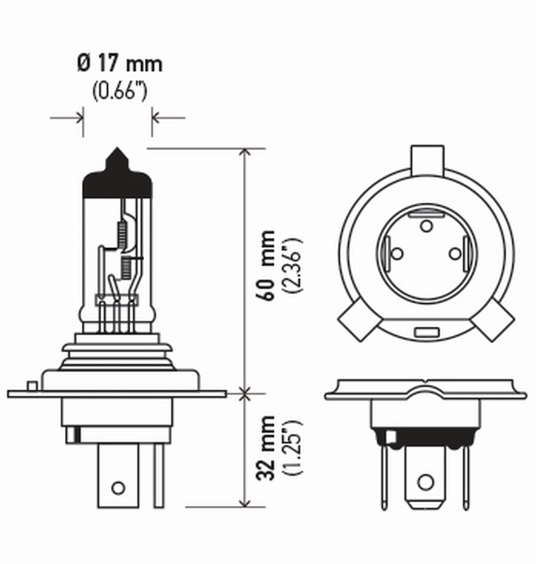 Hella Bulb H4 12V 60/55W P43T T4625 Sb H4SB H4SB Technical Drawing