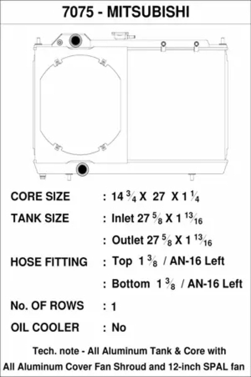 CSF Mitsubishi Evo 7/8/9 - Full Size Slim Radiator w/ 12-inch SPAL fan 7075 Technical Drawing