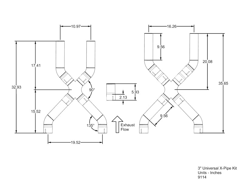 Kooks Headers Universal 3in X-Pipe Kit KOK9114S 9114S Technical Drawing