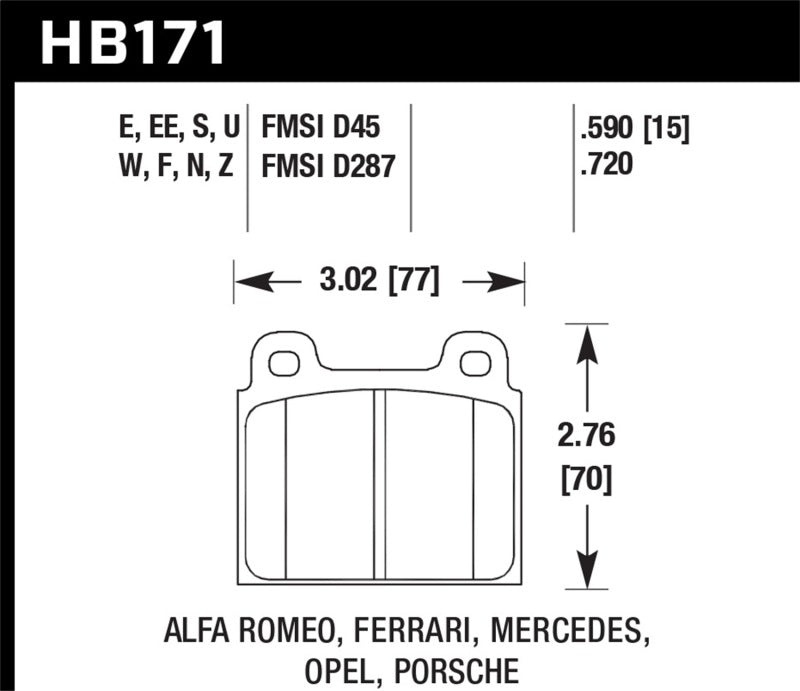 Hawk Blue 9012 Brake Pads Front Alfa Romeo Berlina Base 1970-1972 HB171E.590 Photo - Primary