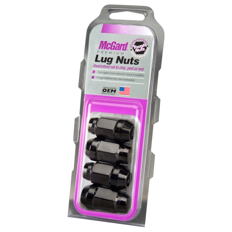 McGard Hex Lug Nut (Cone Seat Bulge Style) M14X1.5 / 22mm Hex / 1.635in. Length (4-Pack) - Black 64074 64074 Photo - in package
