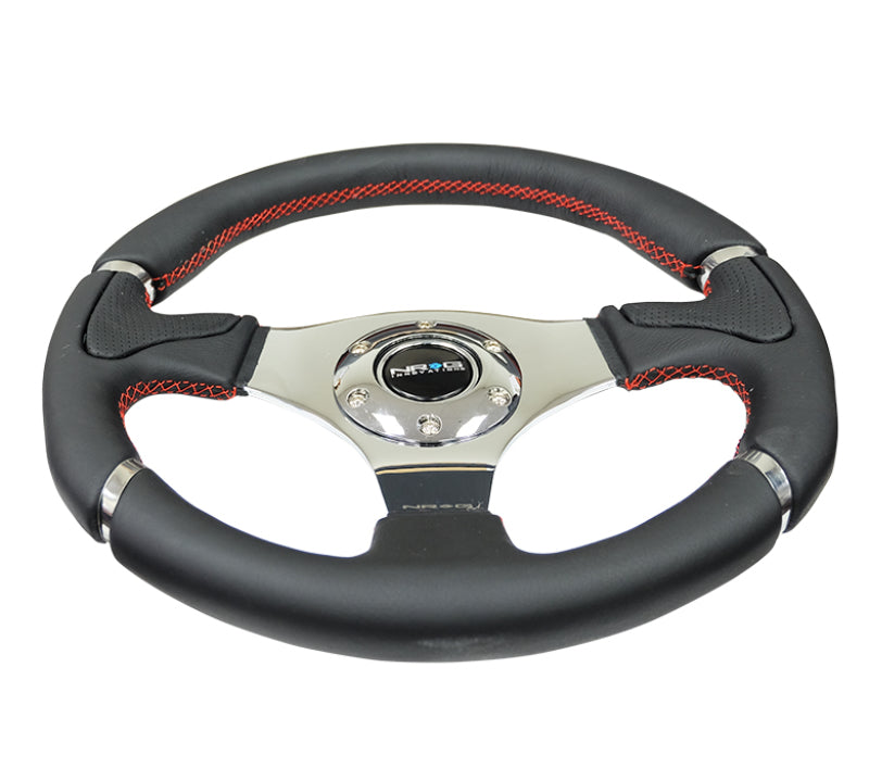 NRG Reinforced Steering Wheel (320mm) Blk Leather/Red Stitching w/Chrome 3-Spoke Center RST-008R RST-008R Photo - Primary