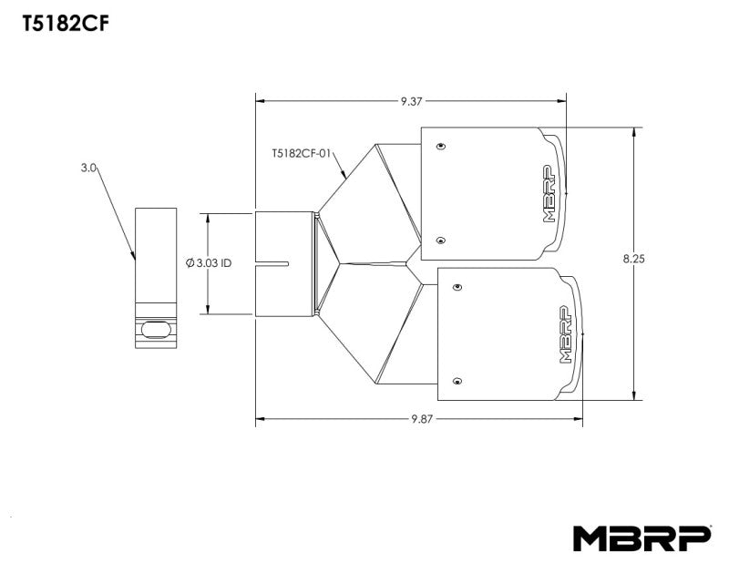 MBRP 3in ID / Dual 4in OD Out Staggered L 9.87in / R 9.37in Dual Wall Carbon Fiber Univ Exhaust Tip T5182CF T5182CF Line Art