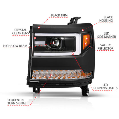ANZO 16-18 Chevy Silverado1500 (Factory HID Models) LED Proj Light Bar Style Headlights Black - Pair 111624A 111624A User 1
