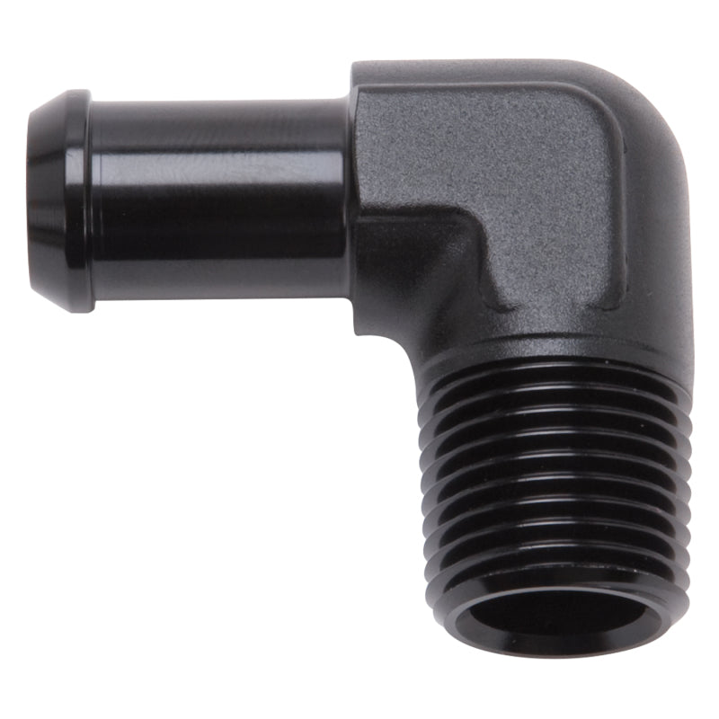 Edelbrock Hose End, 90-Degrees, 1/2" NPT to 5/8" Barb, Black Anodize 8178 Photo - Primary