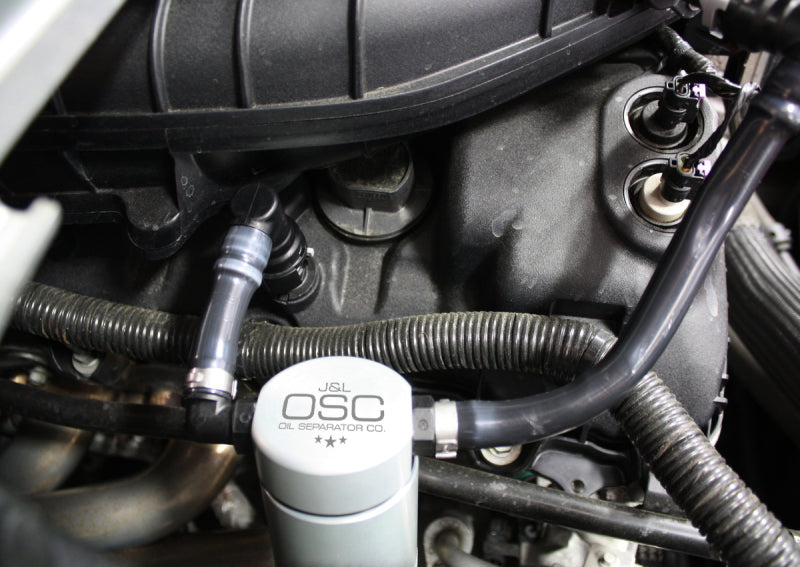 J&L 11-17 Ford Mustang V6 Passenger Side Oil Separator 3.0 - Clear Anodized 3014P-C 3014P-C Photo - Close Up