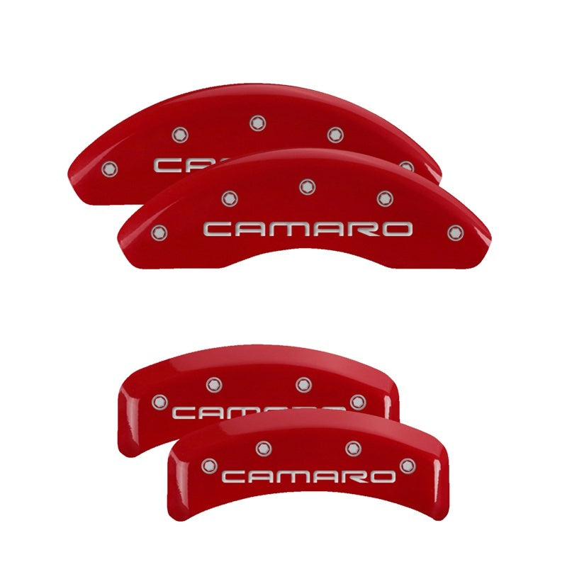 MGP 4 Caliper Covers Engraved Front & Rear Gen 4/Camaro Red finish silver ch 14026SCA4RD 14026SCA4RD Photo - Primary