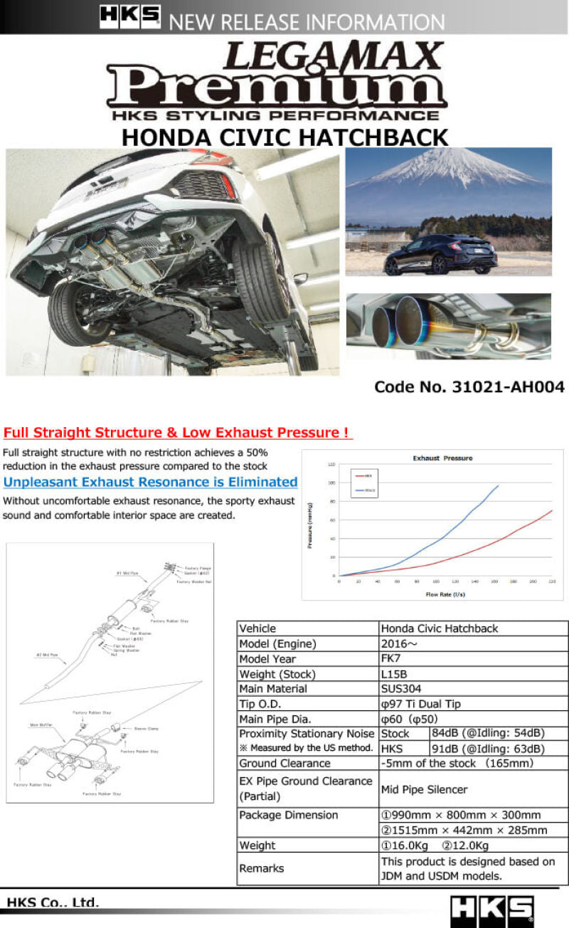 HKS Legamax Premium Honda Civic Hatchback Fk7 31021-Ah004 31021-AH004 Photo - Primary