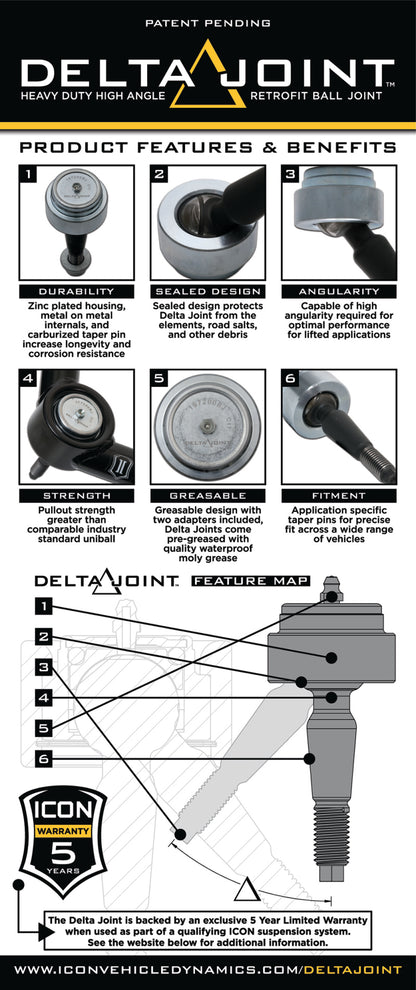 ICON 2007+ Toyota FJ / 2003+ Toyota 4Runner Billet Upper Control Arm Delta Joint Kit 58551DJ 58551DJ Brochure - A general brochure describing a brand, company, product line.  If brochure in question is for a specific product, use code PDB.