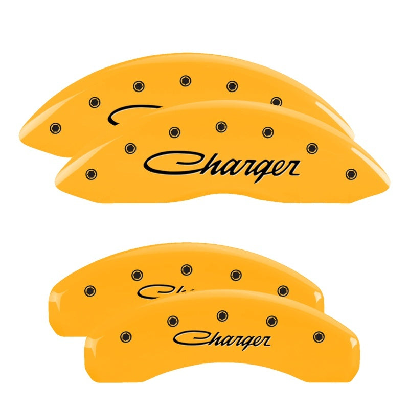 MGP 4 Caliper Covers Engraved Front & Rear Cursive/Charger Yellow finish black ch 12088SCHSYL 12088SCHSYL Photo - Primary