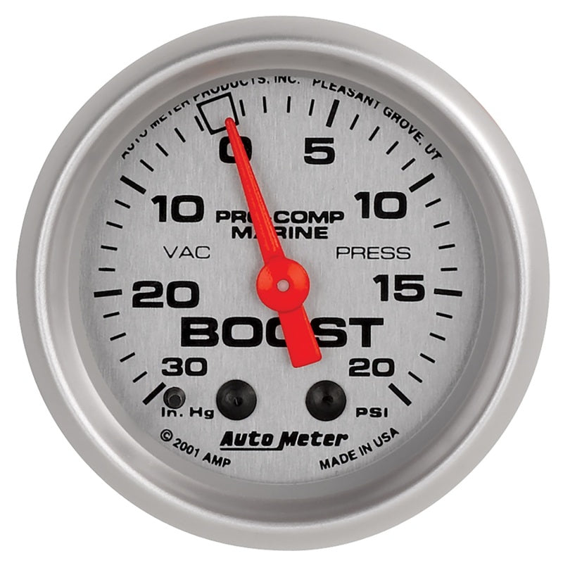 Autometer 2-1/16" Vacuum/Boost, 30 In Hg/20 Psi, Mechanical, Marine Silver 200774-33 Photo - Primary