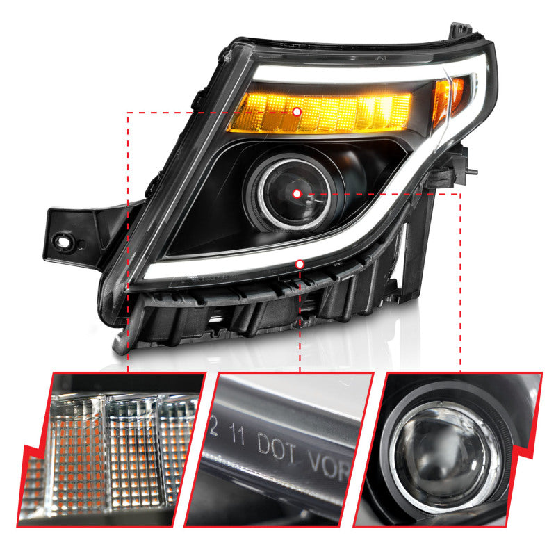 ANZO 11-15 Ford Explorer (w/Factory Halogen HL Only) Projector Headlights w/Light Bar Black Housing 111575 111575 Photo - Unmounted
