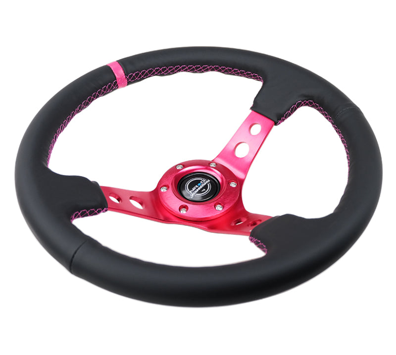 NRG Reinforced Steering Wheel (350mm/3in. Deep) Black Leather/ Fushia Center Mark/ Fushia Stitching RST-006FH RST-006FH Photo - Primary